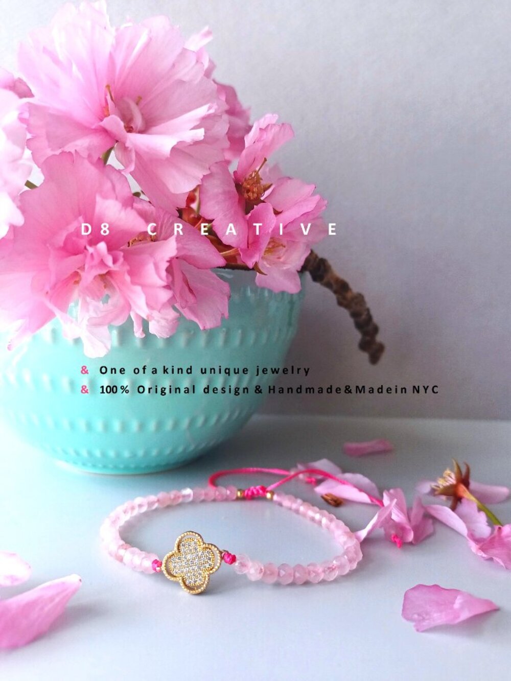 New Hand woven rose quartz with flower sterling silver CZ pendant bracelet